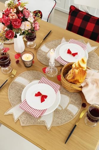 Feuille Valentines Placemat Set of 4,Farmhouse Burlap Heart Bow Valentines Day & Anniversary Placemat Rustic Table Decor for Dining Table