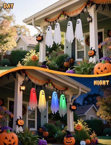 Halloween Decorations Outdoor Indoor 4 Pack Hanging Ghosts Halloween Haunted House Light Up Kit Decor for Tree House Yard Porch Window Bedroom Party