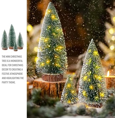 4PCS Mini Christmas Tree with Lights, Bottle Brush Trees, Christmas Table Decorations, Small Christmas Village Trees for Xmas Holiday Party Home Craft (Lighted)