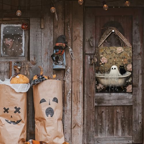 Funny Halloween Bathroom Decor, Cute Halloween Decorations Indoor, Spooky Halloween Wall Art Wooden Hanging Sign, Ghost Black Cat Farmhouse Wood Block Plaque Sign Decor for Home Washroom Bathroom