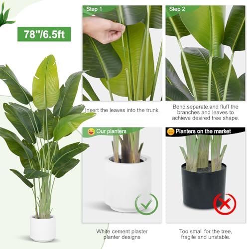Artificial Bird of Paradise Plant 6.5Ft Tall Fake Tropical Palm Tree Large Fake Plants with 15 Silk Banana Leaves Faux