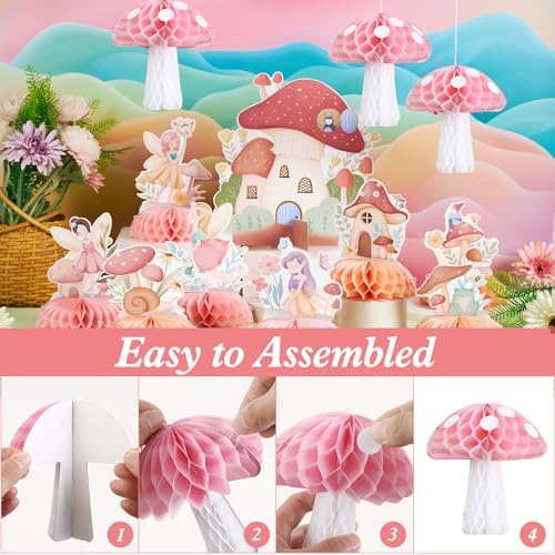 SUNBEAUTY 12 PCS Fairy First Birthday Decoration Fairy Centerpieces for Tables Mushroom Honeycomb Centerpieces Butterfly Flowers Birthday Party Decorations for Spring Garden Baby Shower