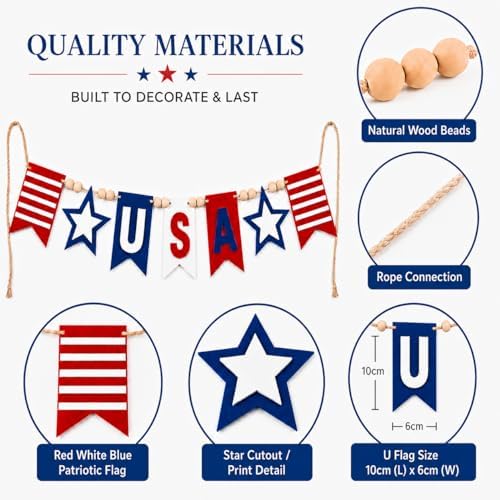 Felt USA Red White Blue Wood Bead Garland Banner for Mantel Fireplace