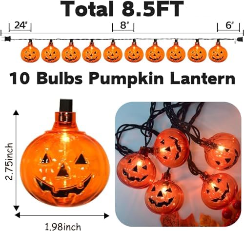 8.5FT LED Halloween Lights Pumpkin String Lights with 10 Smiling Jack O Lantern Pumpkin Lights, LED Jack O Lantern for Home Party Yard Porch Indoor Outdoor Halloween Decorations, 0.07W