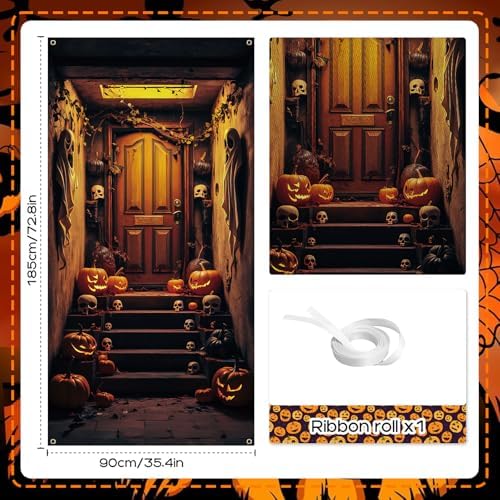 Halloween Decorations, Halloween Door Banner, Basement Stair Door Cover, Spooky Doorway Midnight Backdrop Banner Decorations, Large Fabric Background for Holiday Party 185 x 90 cm