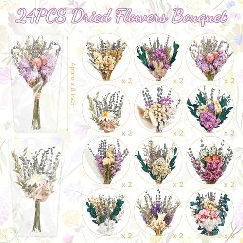 12/24PCS Handmade Dried Flower Bouquet with Stems Natural Dried Wildflowers 7.5 Inch Mini Dry Flowers for Vase Farmhouse Decor, Wedding Styling, Photography Props, Gift DIY(24pcs, Lavender)