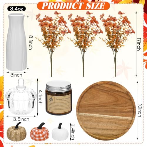Pinkunn 10 Pcs Fall Wooden Decorative Tray Set with Round Wood Tray Scented Candles Burlap Faux Pumpkin Glass Pumpkin Sugar Bowl Artificial Fake Flowers Vase Autumn Decor Set for Thanksgiving Home