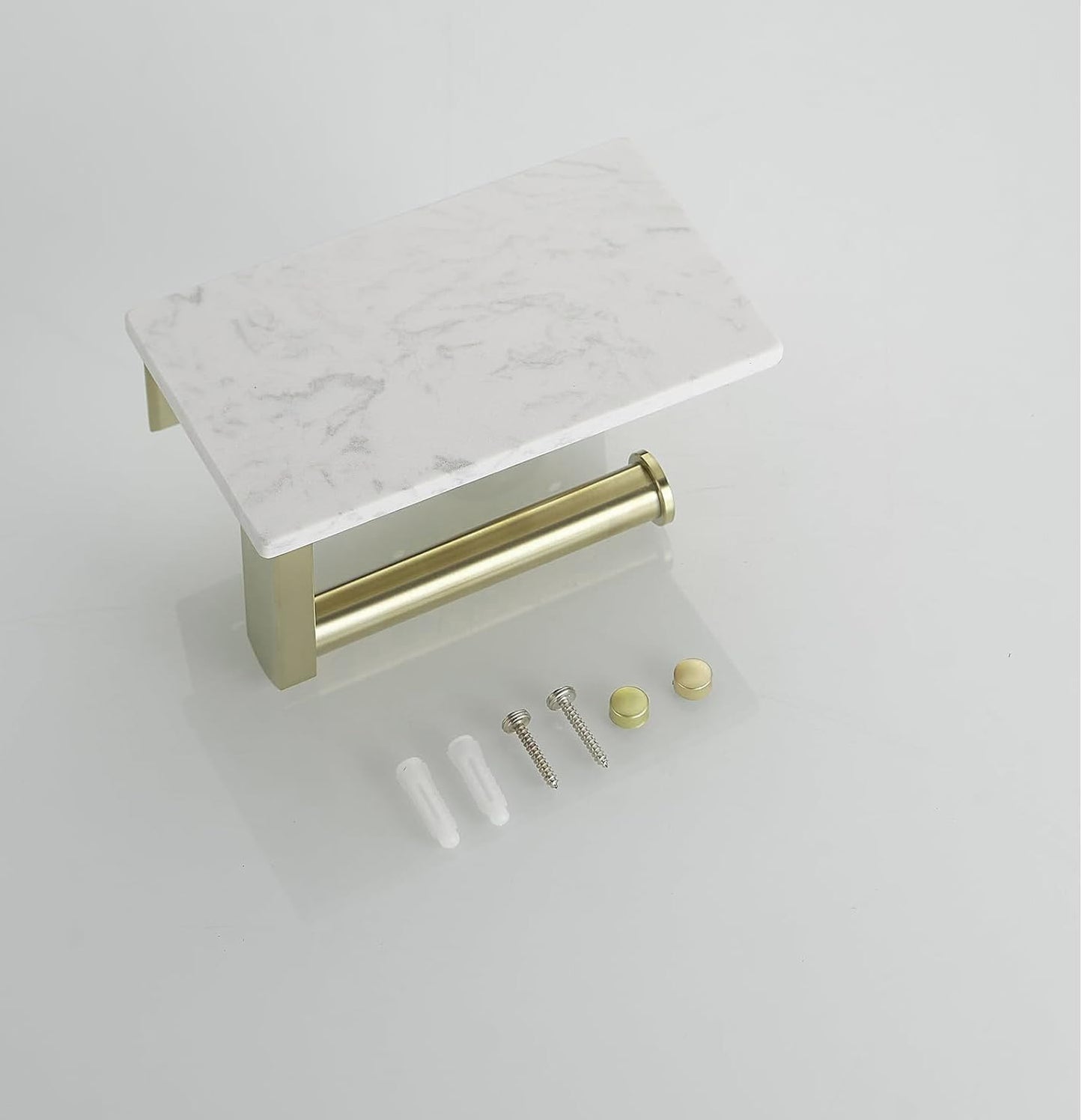 BWE Brushed Gold Toilet Paper Holder with Marble Shelf Wall Mounted | Toilet Paper Roll Holder with Phone Shelf 304