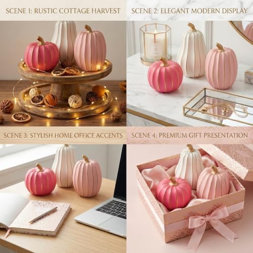 White Pink and Gold Pumpkin Decor, 3Pcs Resin Pumpkin Figurines Fall Decor