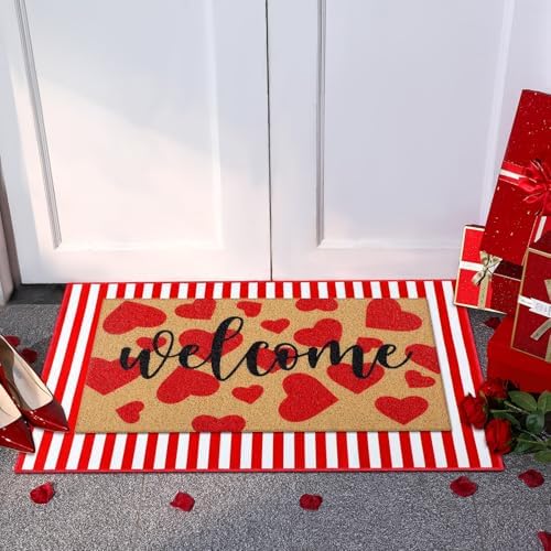 Tinideya 2 Pcs Valentine's Day Door Mat Outdoor Layered Heart Welcome Mat