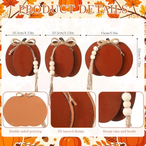 Cinnvoice 3 Pcs Fall Pumpkin Decor, Brown Wooden Tabletop Signs, 4.7 in