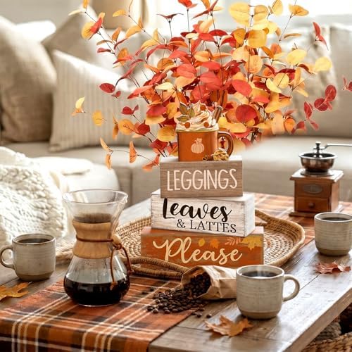 Lineshading 4 Pcs Fall Table Decor, Leaves Lattes Coffee Wooden Blocks Sign