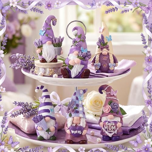 Simgoing 6 Pcs Purple Lavender Gnomes Mother's Figurines Lavender Gnomes with Best Mom Ever, Mom Resin Statues Table Decor for Mum Grandma Birthday Party Tabletop Home Centerpieces Tiered Tray Decor