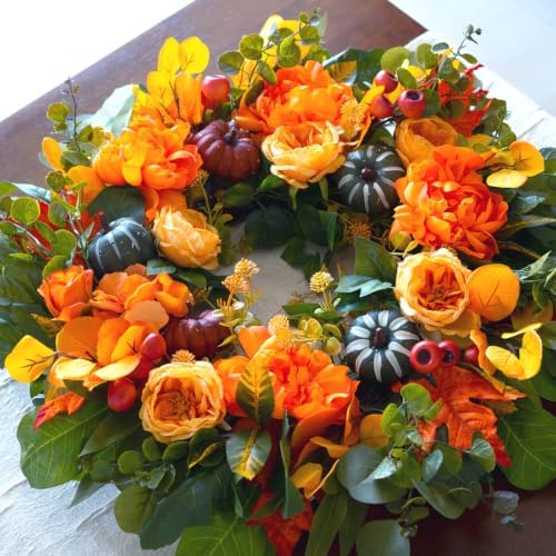 24 Inch Harvest Fall Wreaths for Front Door Outside with Orange Peony