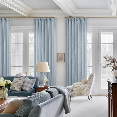 Dusty Blue Pleated Linen Curtains 96 Inches Long for Living Room 2 Panels