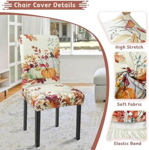 Fall Chair Covers Set of 6 Pumpkin Maple Leaves Stretch Parsons Slipcovers