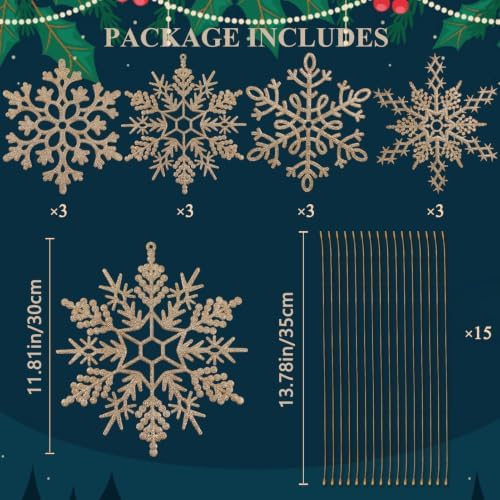 12pcs Large Champagne Gold Snowflakes Ornaments 12” Big Plastic Glitter Snowflake for Winter Indoor Outdoor Christmas Tree Window Room Decorations Giant Craft Snowflakes