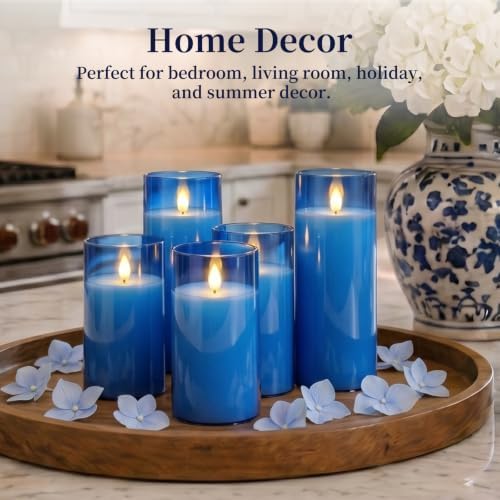 Homemory Blue Flameless LED Pillar Candles with Remote Timer, Set of 9