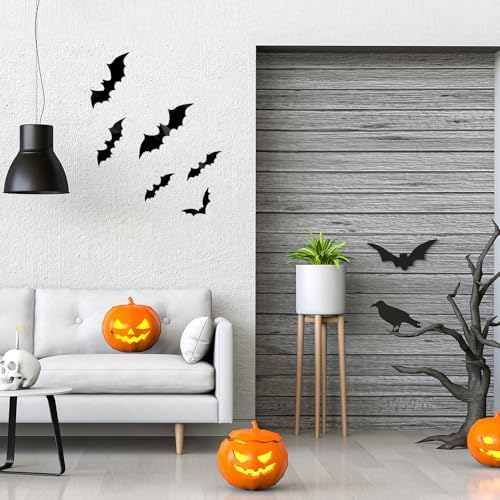 Bobobag 120 Pcs 3D Bats Halloween Decorations,Halloween Wall Decor 4 Sizes Black Bats Sticker for Wall Window