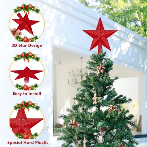 Xmas Star Tree Topper, 8" 3D Glitter Red Christmas Tree Topper Decorations