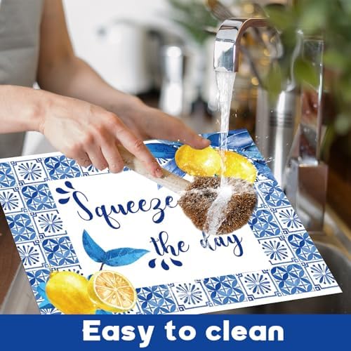 OBUSATT Blue and Yellow Lemons Placemats Set of 6 17×12 Inch Summer Lemon