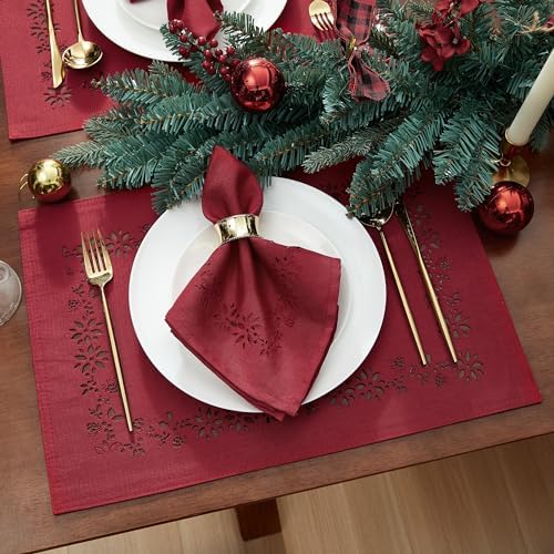 Poinsettia Noel Laser Cut Placemats, Set of 4, Red - 13"W x 19"L