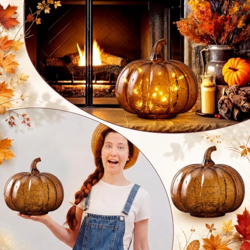 Glooglitter Mercury Glass Pumpkin Light LED Fall Lamp, Round, Amber, Small