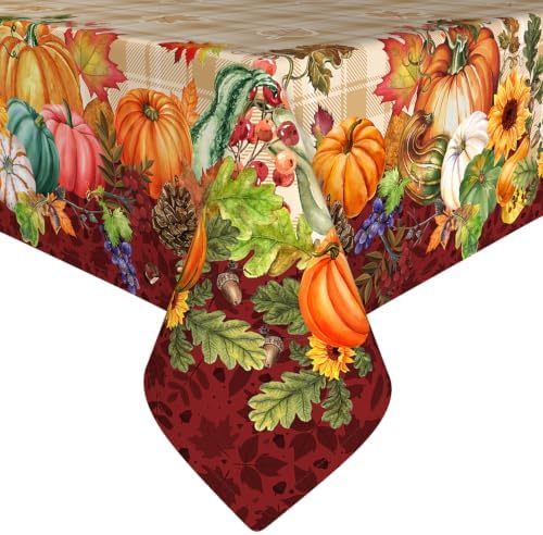Fall Plaid Square Tablecloth 52x52 Inch, Stain Resistant Washable Fabric Autumn Harvest Pumpkin Table Cloth Square Fall Tablecloth Table Cover for Kitchen Dining Party