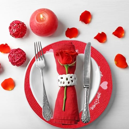 Whaline 4 Pcs Round Valentine's Day Red Pink Placemats Embroidered Place Mats Love Heart Table Mat Decorative Dinner Table Mats for Home Wedding Anniversary Party Decor