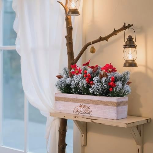 SVENJBB Christmas Table Centerpiece Decorations with Red Poinsettias, Snowy Norfolk Pine, Berries & Pine Cones in Wooden Box with “Merry-Christmas” Printing