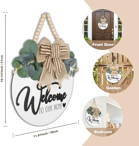 CondorPasea 3D Welcome Door Sign - 12" Round Solid Wooden Hanging Sign with Artificial Leaves & Rustic Beads, All