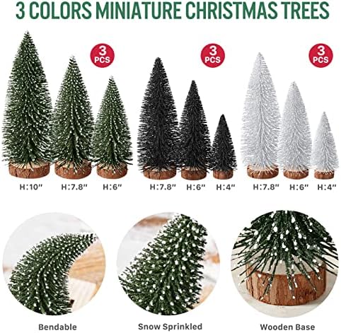 9Pcs Mini Christmas Trees Christmas Decor Artificial Christmas Decorations with 4 Sizes, Christmas Tree Bottle Brush Trees Christmas Table Decorations (Green Silver Black)