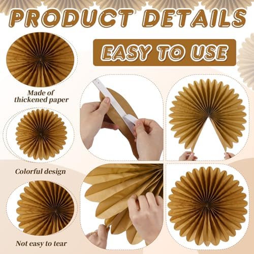 BestoFun 12PCS Paper Fans Brown Neutral Boho Party Decorations Tissue Paper Flowers Paper Fans Party Decorations for Girl Groovy Birthday Baby Shower Wedding Bachelorette Room Wall Hanging Décor