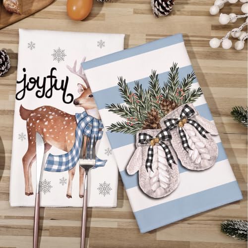 Sratte 6 Pcs Christmas Kitchen Towels Dusty Blue Strip Winter Dish Towels