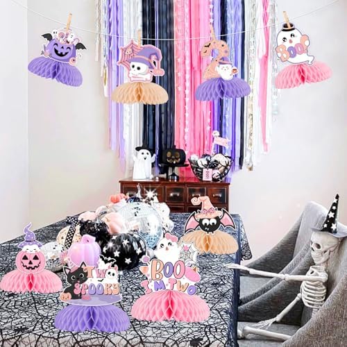Pink Purple Halloween 2nd Birthday Decorations Girl 8pcs Halloween 2nd Birthday Honeycomb Centerpieces Table Decoration Two Spooky Birthday Decoration Table Topper Halloween Second Birthday