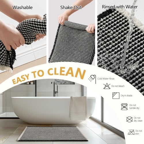 MIULEE Set of 2 Waffle Bathroom Rugs Boho Bath Mat Black&Cream 18x30 Inch