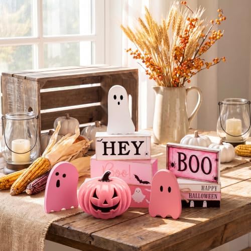 11 Pcs Halloween Table Decoration Pink Ghost Wooden Tiered Tray Decor Halloween Table Centerpiece Wooden Signs for Spooky Season Ghost Party Haunted Home Kitchen Shelf