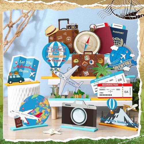 Marsui 12 Pcs Travel Wooden Centerpieces, Adventure Party Decor