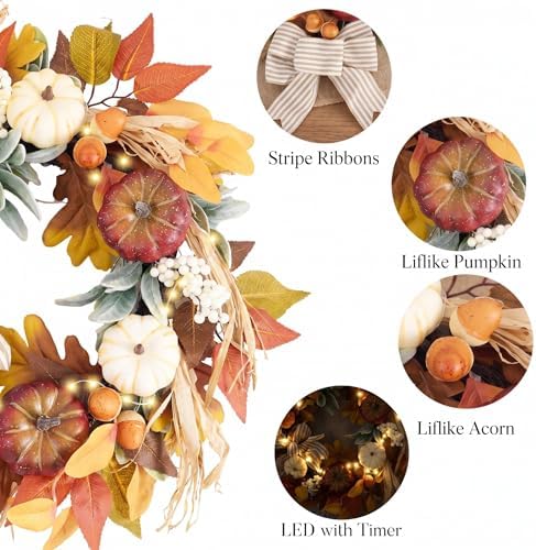 Valery Madelyn 20'' Fall Wreaths for Front Door with LED Lights