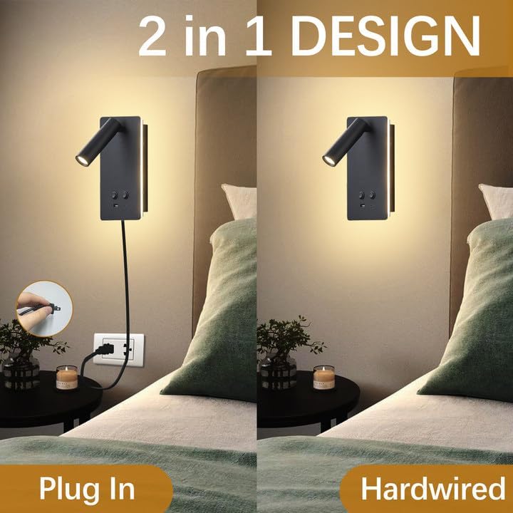 MOLUOLA LED Wall Lamp Wall Mounted Reading Lights, Adjustable Headboard Plug in Wall Sconce with USB C+A Ports