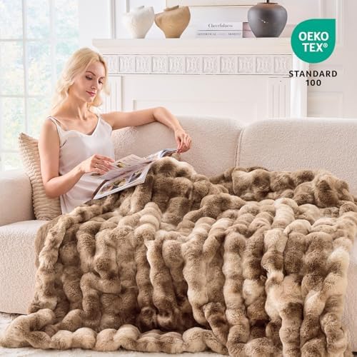 BENVWE Fluffy Faux Fur Throw Blanket for Couch - Soft, Plush, Thick, Cozy, Fuzzy Luxury Minky Bubble Blanket for Home