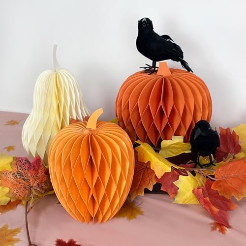 3PCS Paper Pumpkin Table Centerpieces, Pumpkins Honeycomb Centerpiece for Table Decorations with Thankful Signs for Fall, Halloween, Thanksgiving, Baby Shower, Birthday Party