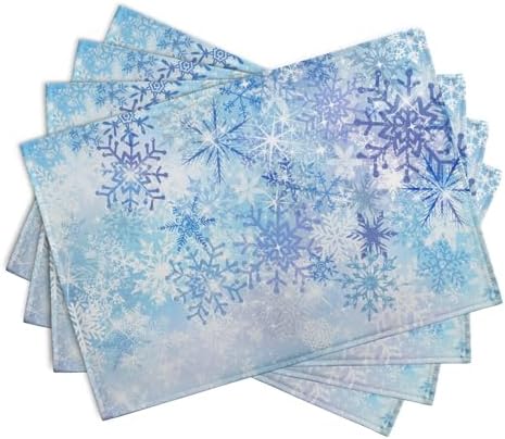 Blue Snowflake Winter Placemats Set of 4 Xmas Snow Place Mat Merry Christmas Linen Fabric Table Mats Washable Heat Resistant Placemat for Farmhouse Kitchen Dining Party Decoration