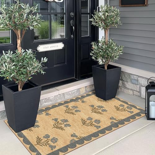 Front Door Mat Indoor Entrance - 2x4.3 Jute-Look Blue Floral Rug