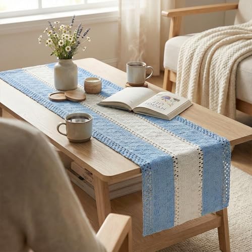 Artoid Mode Sky Blue Farmhouse Woven Table Runner 12x120 Inch