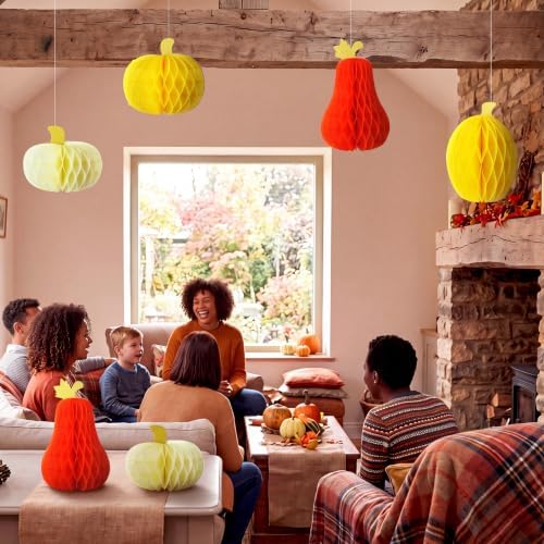 Fourluoo 6 Pcs Fall Pumpkin Table Decor, Pumpkin Honeycomb Centerpiece