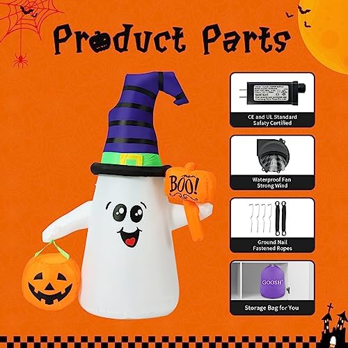 GOOSH 5 FT Halloween Inflatables Ghost Outdoor Decorations Blow Up Yard Cute Wizard Ghost with Pumpkin with Built-in LEDs for Garden Lawn Indoor Party Holiday Decor