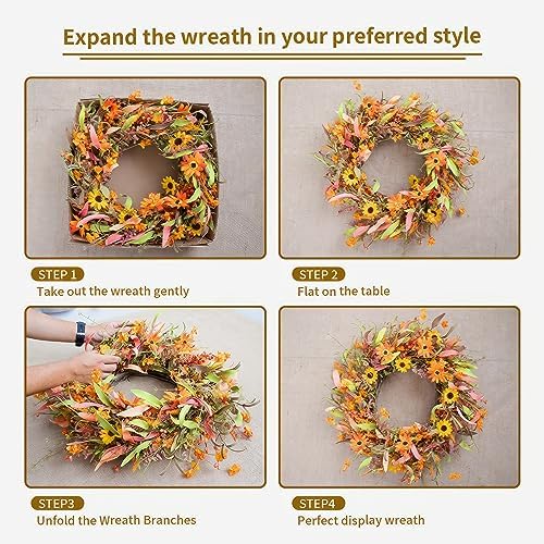 JINGHONG Fall Wreaths for Front Door 22 Inch Artificial Fall Wreath Floral Autumn Wreath for Outside Door Harvest Thanksgiving Day Celebration