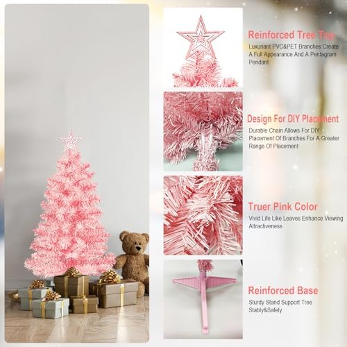 DUUDO 3FT Pink Premium Hinged Artificial Holiday Small Mini Christmas Tree for Tabletop,Home, Office, Indoor and Outdoor Holiday Decoration,Easy Assembly Metal Hinges & Foldable Base