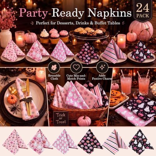 Mixweer 24 Pack Halloween Cloth Napkins, Pink Ghost Pumpkin, 15 Inch